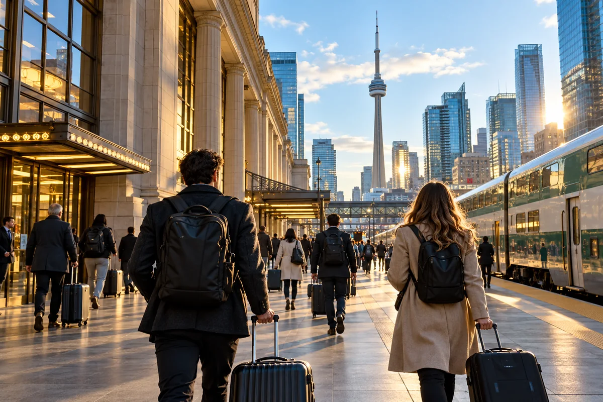 Illustrative airport-to-city transfer scene for a trip to Toronto