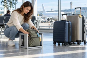 Personal-item backpack in a measuring frame beside cabin and checked suitcases in a modern airport; illustrative scene.