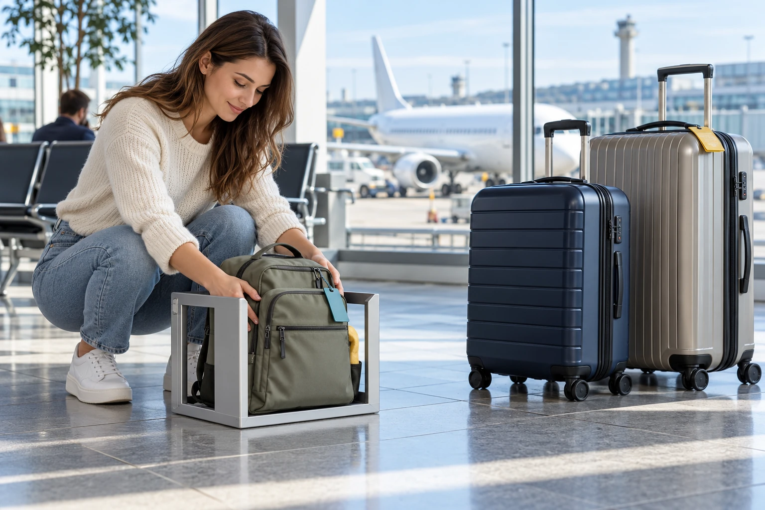 Personal-item backpack in a measuring frame beside cabin and checked suitcases in a modern airport; illustrative scene.