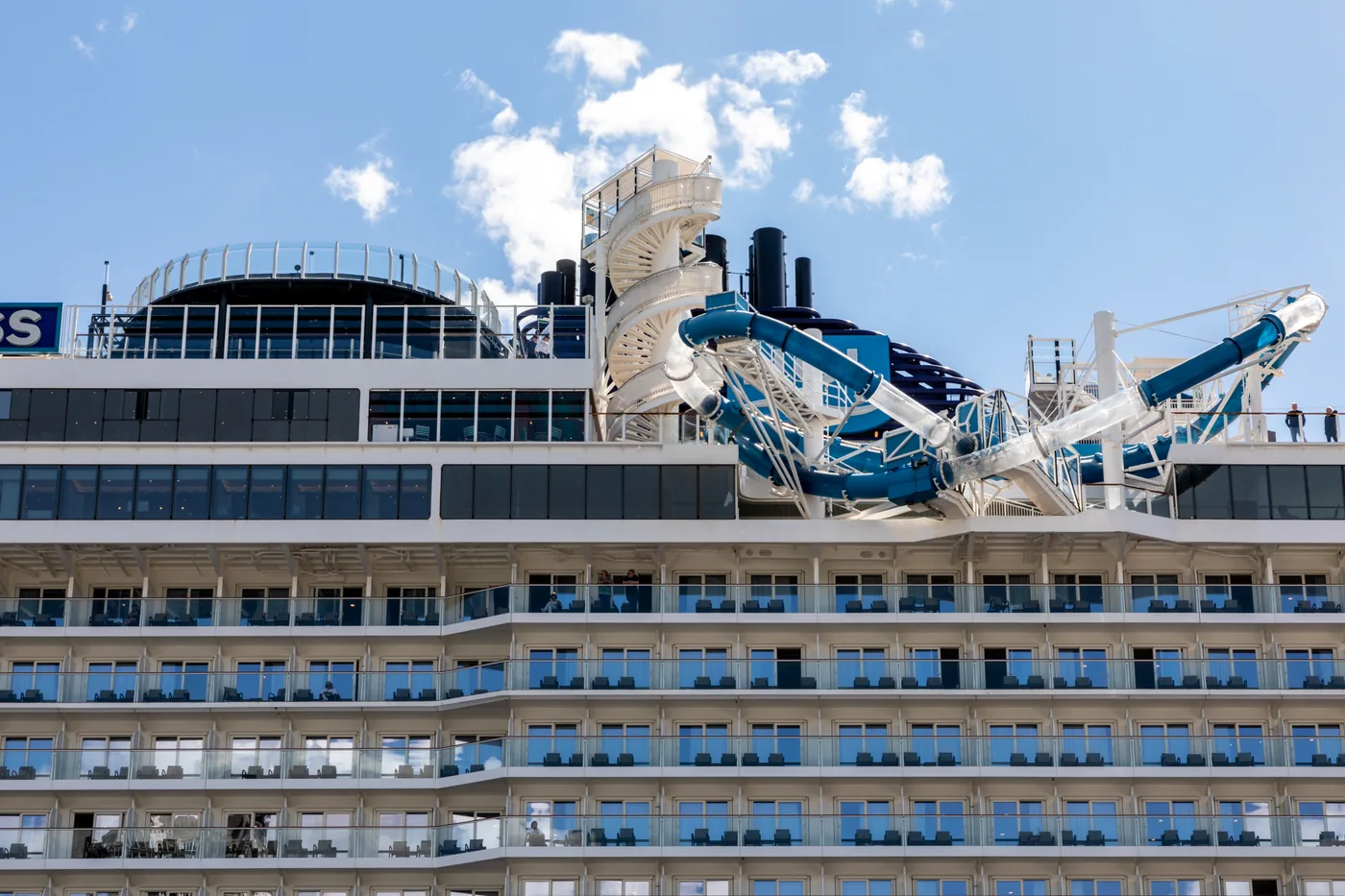 Waterslides and upper decks aboard Norwegian Bliss at Seattle Pier 66