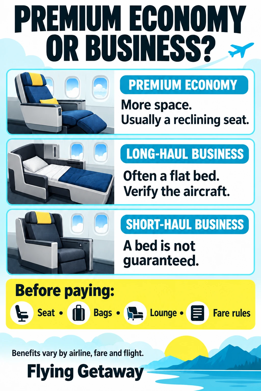 Premium economy, long-haul business and short-haul business comparison emphasizing seat type and checking fare inclusions.