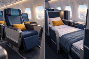 Illustrative comparison of an upright premium economy seat and a long-haul business seat converted into a bed.