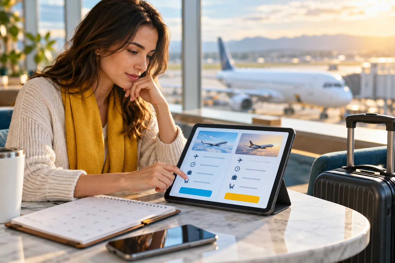 Traveler comparing two flight options on a tablet at an airport lounge.