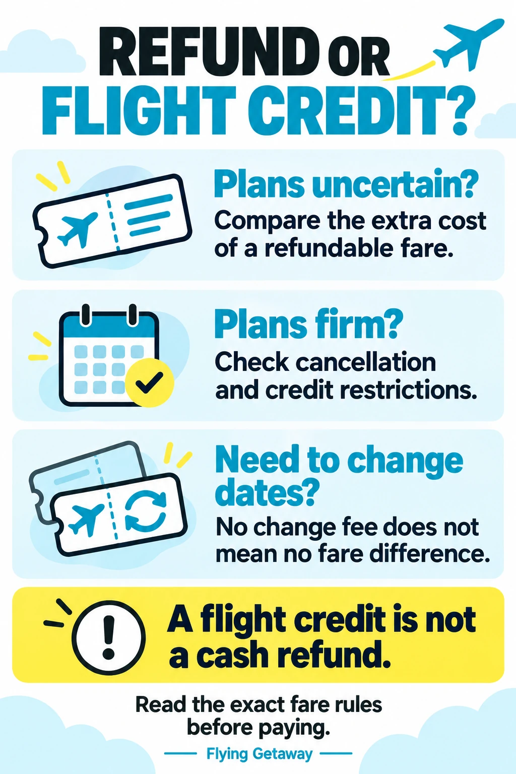 Decision guide for comparing refundable fares, non-refundable fares and flight credits.