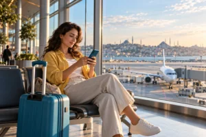 Traveler reviewing flight plans on a phone beside a suitcase in an airport terminal.